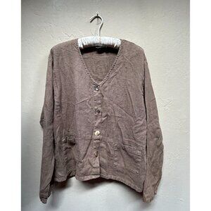 Vintage IOIO Design Womens Medium Brown Linen V-Neck Long Sleeve Buttoned Top